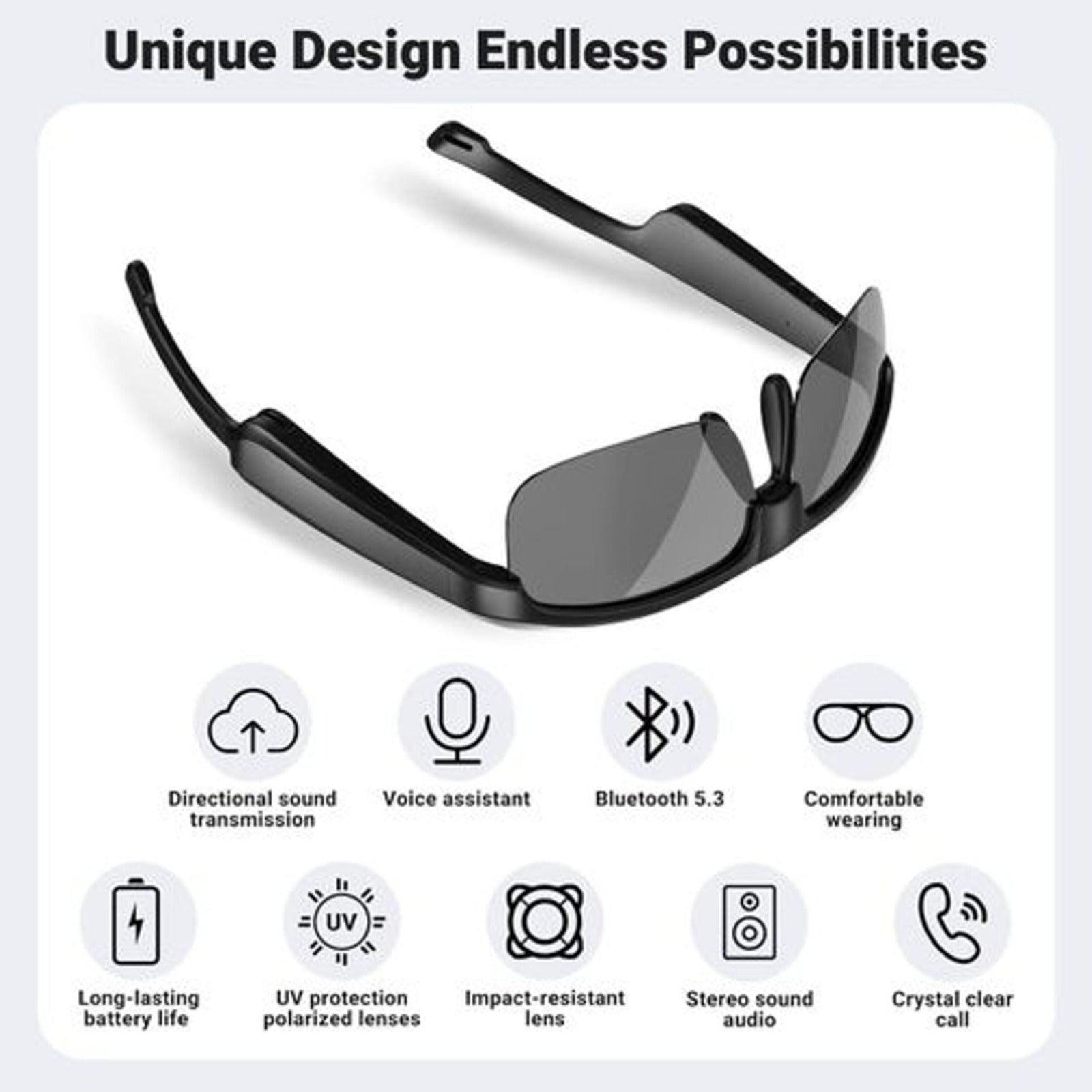 Wireless Bluetooth Smart Glasses – M6 Pro  Polarized Lenses | 8 Hrs Battery | Fast Charging Ideal for Car & Bike Use | Sleek Black Design 120mAh Battery | Wireless v5.3 | 10m Range